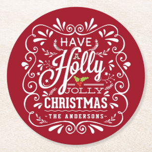Porta-copo De Papel Redondo Holly Jolly Christmas Chalkboard Foliday Party Red