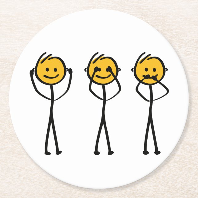 Porta-copo De Papel Redondo Horen, zien en zwijgen tekening. Drie aapjes (Frente)