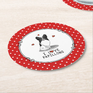 Porta-copo De Papel Redondo I Love Papillons (branco e preto) Hearts Dogs Cute