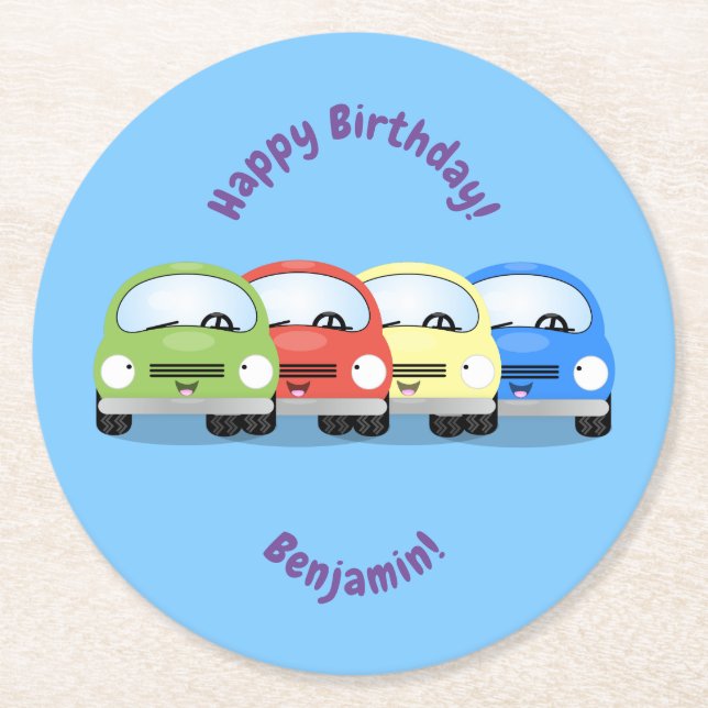 Porta-copo De Papel Redondo Ilustração de desenho animado de carro vermelho e  (Frente)