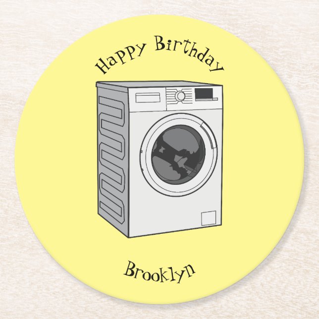 Porta-copo De Papel Redondo Ilustração de desenho animado de máquina de lavar (Frente)