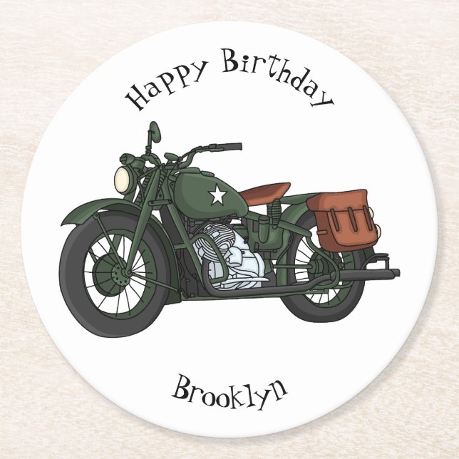 Porta-copo De Papel Redondo Ilustração de desenho animado de motocicleta milit (Frente)