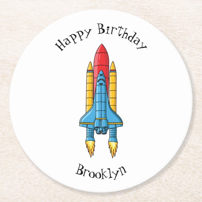 Porta-copo De Papel Redondo Ilustração de desenho animado de navio-foguete (Frente)