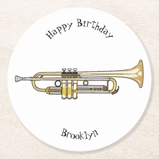 Porta-copo De Papel Redondo Ilustração de desenho animado de trompete (Frente)