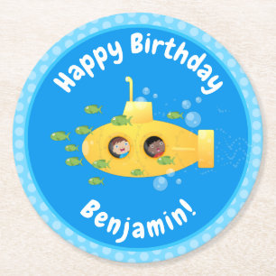 Porta-copo De Papel Redondo Ilustração de desenho animado submarino amarelo