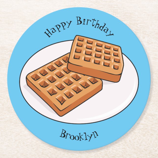Porta-copo De Papel Redondo Ilustração de desenho animado Waffle (Frente)