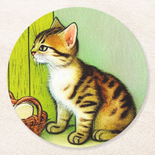 Porta-copo De Papel Redondo Ilustração de Gato de Tabby de Vintage