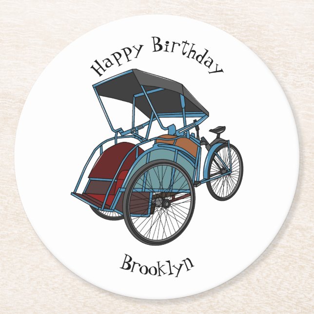 Porta-copo De Papel Redondo Ilustração do desenho do rickshaw Ciclo (Frente)