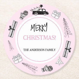 Porta-copo De Papel Redondo Ilustração Preta e Branca Moderna a Rosa