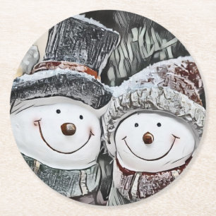 Porta-copo De Papel Redondo Inverno, desenho de boneco de neve e mulher de nev