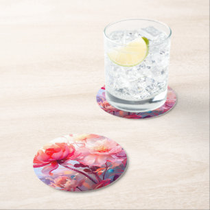 Porta-copo De Papel Redondo Jardim de Água de Peônia de Primavera em Aquarela