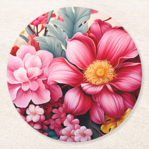 Porta-copo De Papel Redondo Jardim Floral Tropical Rosa Exótico