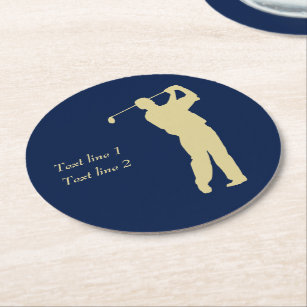 Porta-copo De Papel Redondo Jogador de golfe Dourado da silhueta no azul