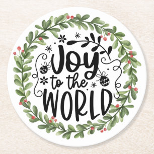 Porta-copo De Papel Redondo Joy to the World Watercolor Wreath