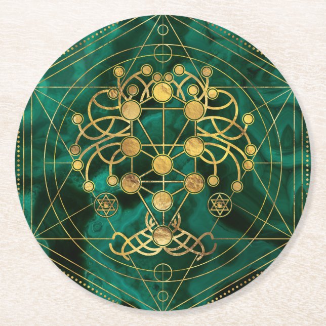 Porta-copo De Papel Redondo Kabbalah A Árvore da Vida - Malachite (Frente)