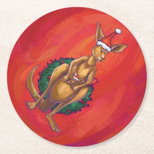 Porta-copo De Papel Redondo Kangaroo Xmas Em Vermelho
