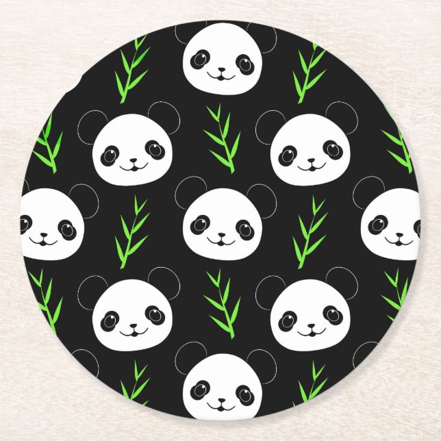 Porta-copo De Papel Redondo Kawaii Panda Pattern Bamboo Em Verde Branco Negro (Frente)