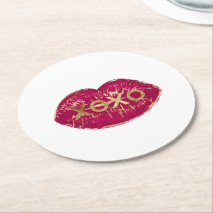 Porta-copo De Papel Redondo Kiss Red Lábios Dourado Glitter XOXO