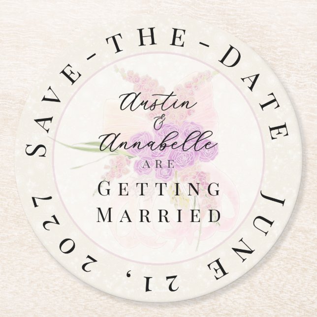 Porta-copo De Papel Redondo La Boca Golden Sheer Bow Bouquet Save-the-Date  (Frente)