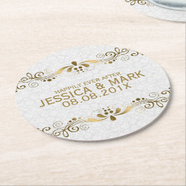 Porta-copo De Papel Redondo Lace Dourado Floral Elegante Com Damáscaras Branco