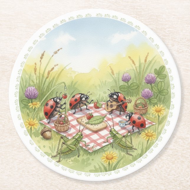 Porta-copo De Papel Redondo Lady bug cricket spring garden party coasters (Frente)