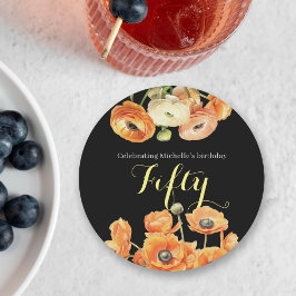 Porta-copo De Papel Redondo Laranja Preto Elegante Floral 50ª Festa de anivers