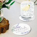 Porta-copo De Papel Redondo Lavanda Elegante e Obrigado Favor de Casamento<br><div class="desc">Adicione um toque personalizado de final à celebração do seu casamento com uma única coasters de bebida personalizada de lavanda de água. Todas as formulações neste modelo são simples de personalizar. Excelente para favores de casamento.</div>
