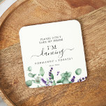 Porta-copo De Papel Redondo Lavanda rustica Não tome minha bebida Estou dançan<br><div class="desc">Esta porta copos rústica "por favor,  não tome minha bebida que estou dançando" é perfeita para uma simples e elegante recepção de casamento. O design floral apresenta folhas de cor aquosa de eucalipto e verde com espinhos de flores silvestres roxas.</div>