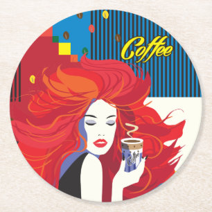 Porta-copo De Papel Redondo "Linda moça com copa de café" Pop Art