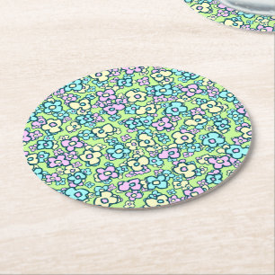 Porta-copo De Papel Redondo Lindas Flores de Arte Popular Cores Pastel Primave