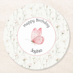 Porta-copo De Papel Redondo Lindo Aniversário Borboleta Floral Rosa Bege
