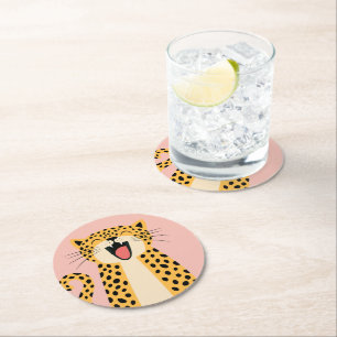 Porta-copo De Papel Redondo Lindo Leopardo Selvagem Sorridente Feliz Desenho A