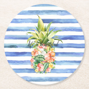 Porta-copo De Papel Redondo Listras Brancas Azuis Floral Tropical Abacaxi