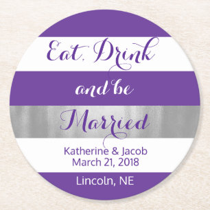 Porta-copo De Papel Redondo Livro de Casamentos com Riscos Violetos e Brancos,