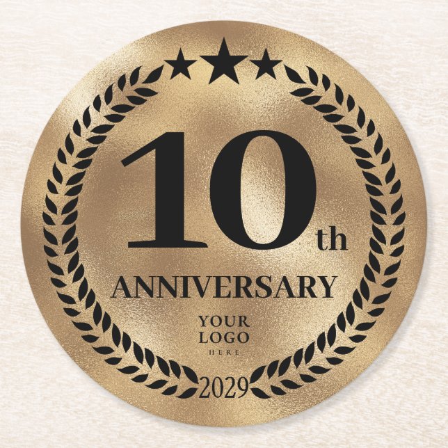Porta-copo De Papel Redondo Logotipo comercial do 10º aniversário Dourado (Frente)