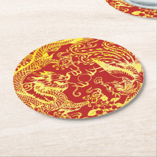 Porta-copo De Papel Redondo Logotipo de casamento chinês dragão fênix