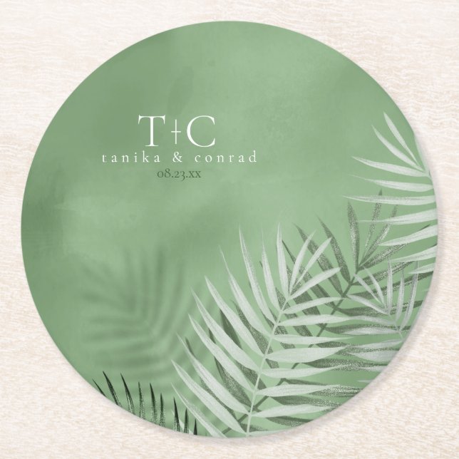 Porta-copo De Papel Redondo Lush Palm Leaf Wedding Moss Green ID956 (Frente)