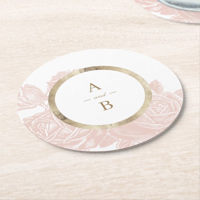 Porta-copo De Papel Redondo Luxe rosa desmaiado dourado monograma de casamento (Angulado)