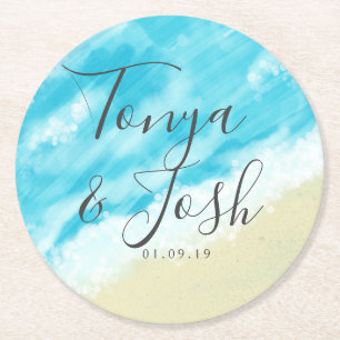 Porta-copo De Papel Redondo Luzes Bokeh Casamento na Praia em Aquarela Moderna
