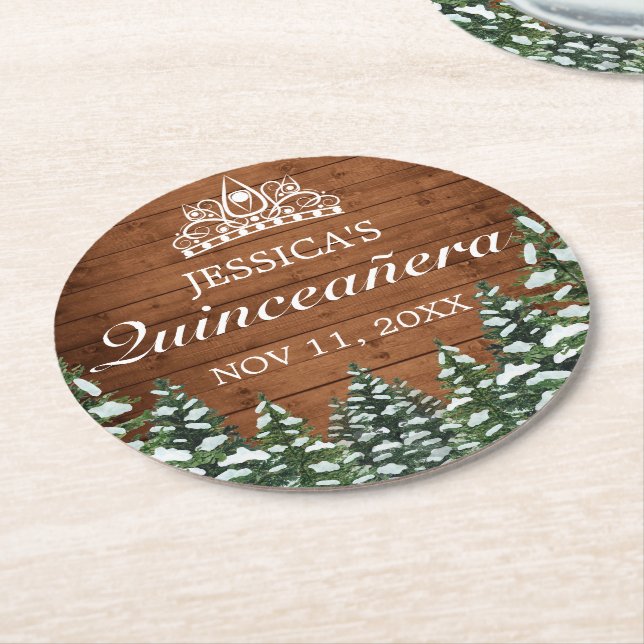 Porta-copo De Papel Redondo Madeira Neve e Floresta Pine Tiara Quinceanera (Angulado)