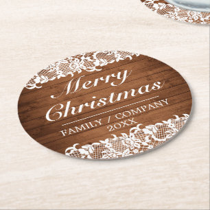 Porta-copo De Papel Redondo Madeira russa e renda branca Feliz Natal