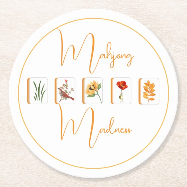 Porta-copo De Papel Redondo Mahjong Flower Tiles Paper Coaster (Frente)