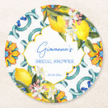 Porta-copo De Papel Redondo Majolica azulejos limões chás de panela favoritos<br><div class="desc">Azulejos Majolica Mediterrânica limões chá de panela monograma personalizado papel impresso porta copos,  estilo italiano Capri,  Costa Amalfi,  pratos temáticos da Sicília decoração personalizada de mesas para as funções de verão favores de chá de panela.</div>