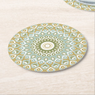 Porta-copo De Papel Redondo Mandala Terroso em Verde, Dourado e Azul Suave