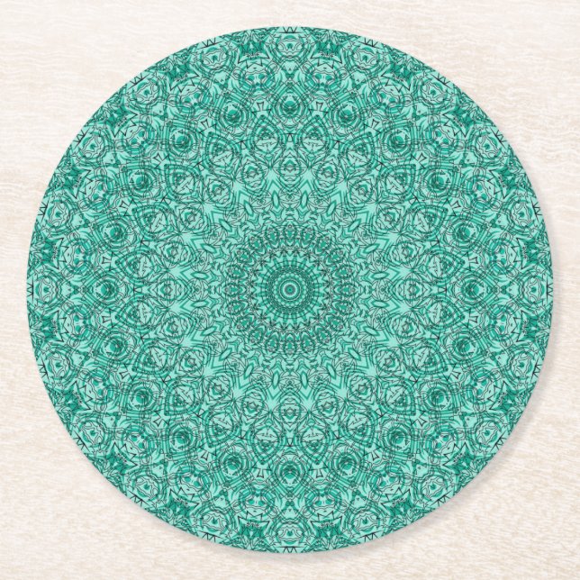 Porta-copo De Papel Redondo Mandala Turquesa com Simetria Intrincada (Frente)