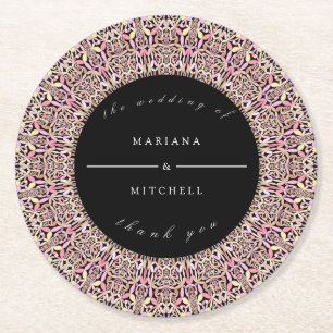 Porta-copo De Papel Redondo Mandalas Geométricos Românticos Rosa Suave Preto