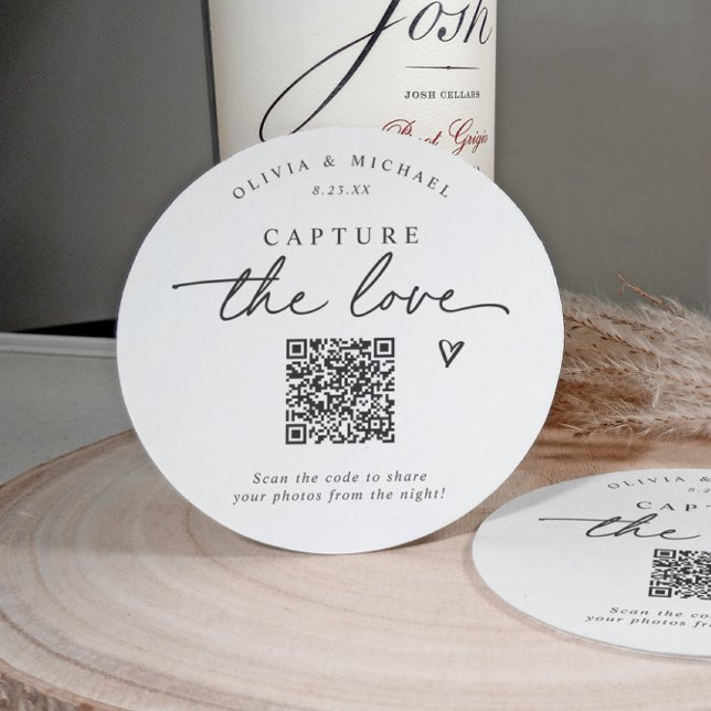 Porta-copo De Papel Redondo Manuscrito de Código QR de Compartilhamento de Fot (Personalized QR code coaster for wedding guests to upload photos to your gallery.)