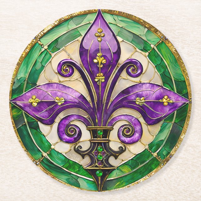 Porta-copo De Papel Redondo Mardi Gras StainGlass Fleur de lis (Frente)