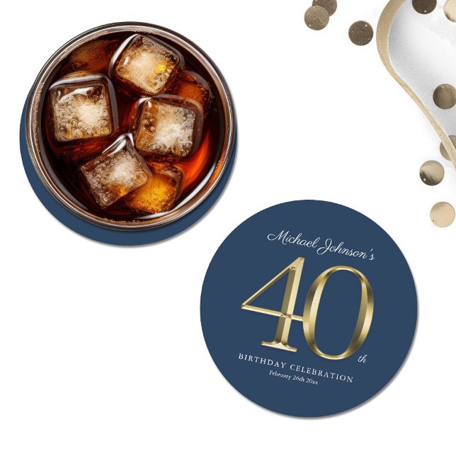 Porta-copo De Papel Redondo Marinho Azul Dourado Parte Personalizada do aniver (Navy Blue Gold Custom 40th Birthday Party Round Paper Coaster)