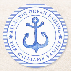 Porta-copo De Papel Redondo Marinho de Âncora Náutica Azul Striped Personaliza